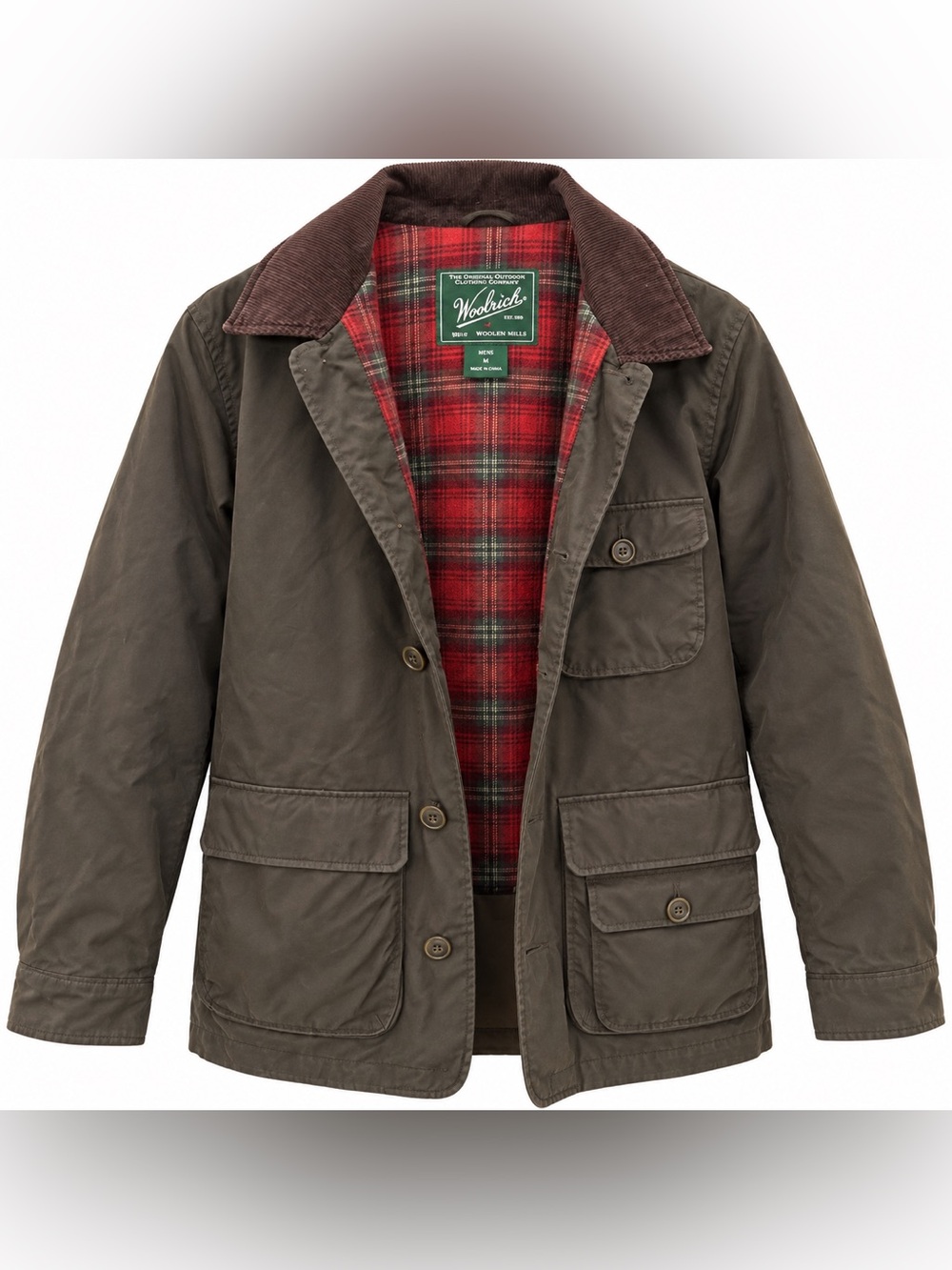 Woolrich Men’s L Bark Brown Field Jacket Lined Plaid Corduroy Collar Outdoor